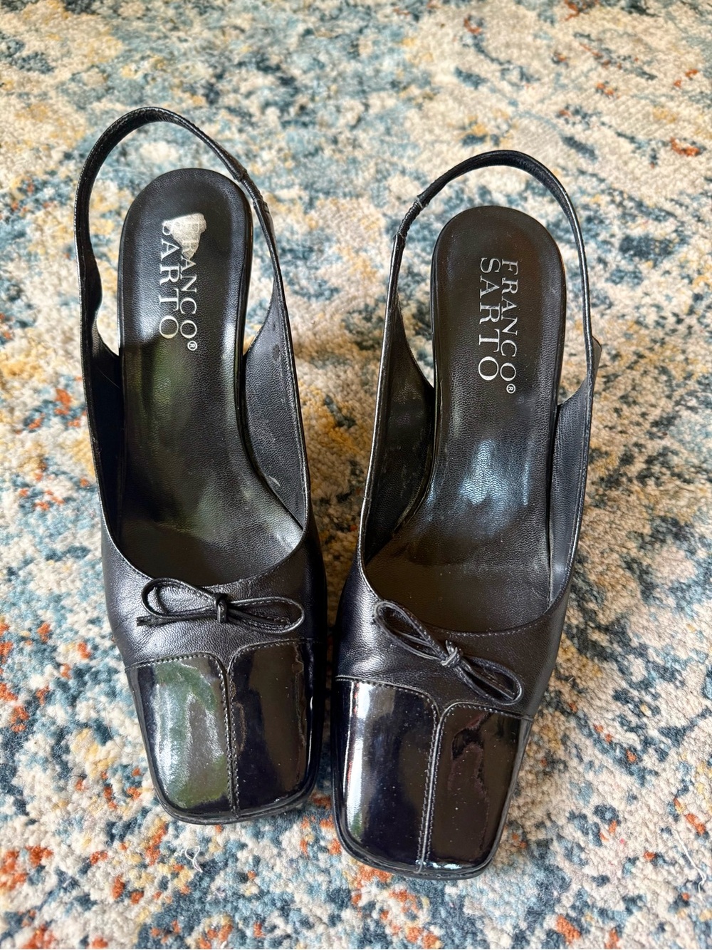 Franco Sarto Black Patent Leather Slingback Pumps with Bow
